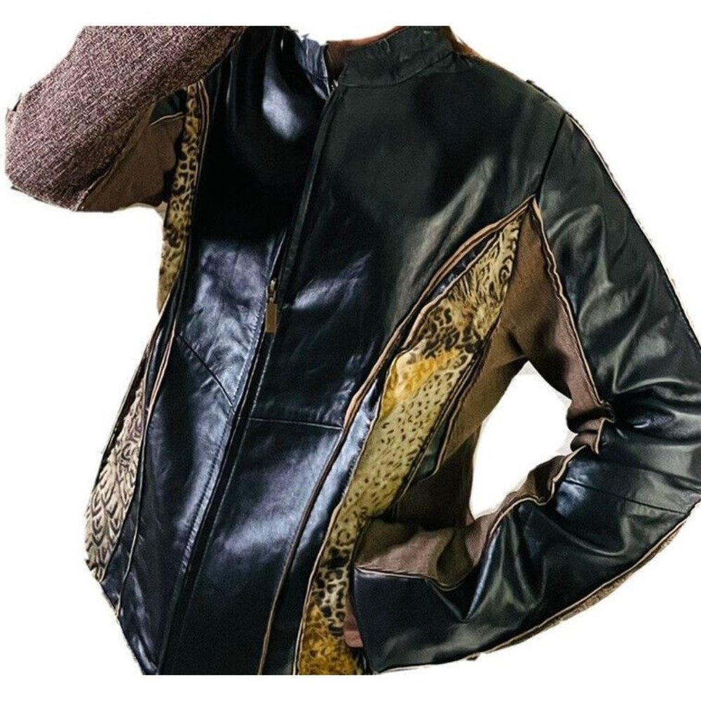 KOOS OF COURSE ART TO WEAR MOTO JACKET Tweed Animal Print Leather BLAZER Medium